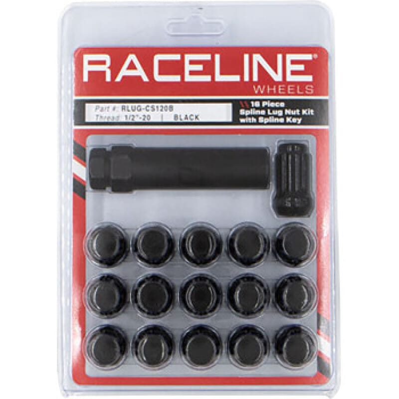 Raceline — Raceline Spline Lug Nut Kit with Spline Key 1/2in-20 - 16 Pack - Black
