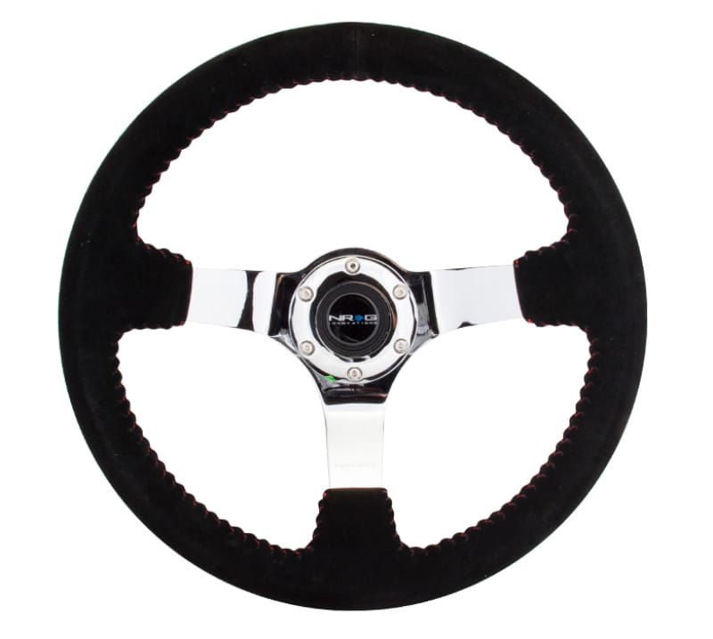 NRG — NRG Reinforced Steering Wheel (350mm / 3in. Deep) Blk Suede w/Red BBall Stitch & Chrome 3-Spoke