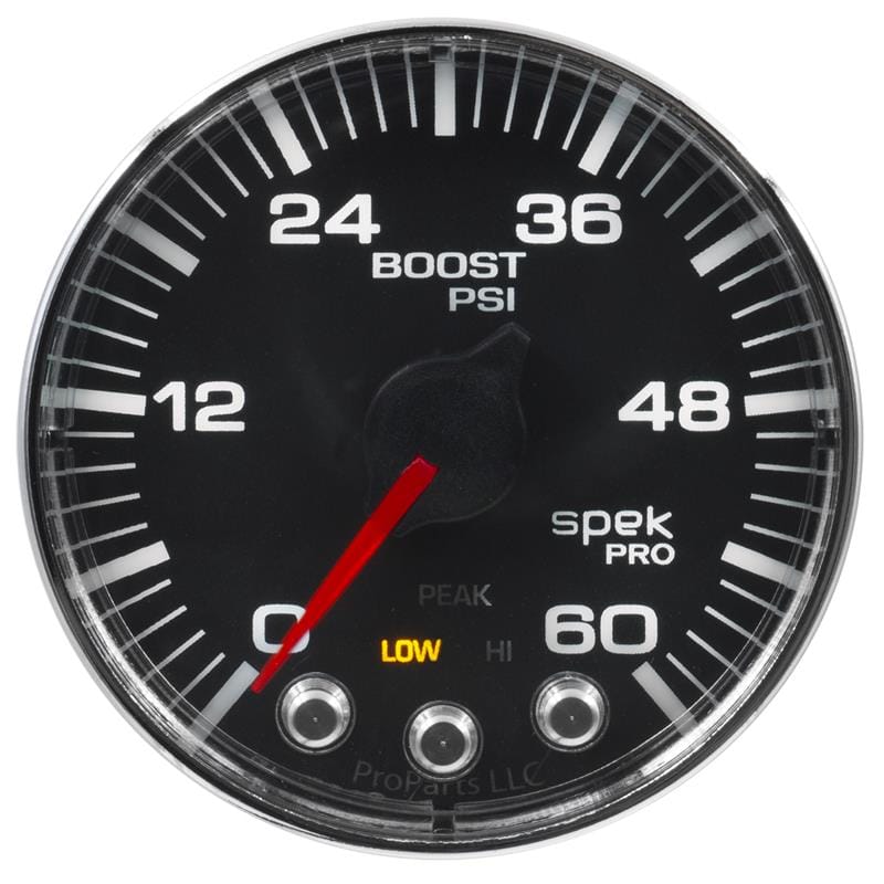 AutoMeter — GAUGE, BOOST, 2 1/16", 60PSI, STEPPER MOTOR W/PEAK & WARN, BLK/CHRM, SPEK-PRO
