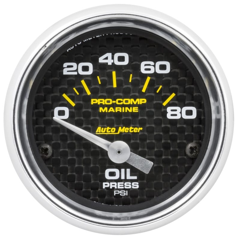 AutoMeter — Autometer Marine Carbon Fiber 2-1/16in 80 PSI Electric Oil Pressure Gauge
GA 2" OILP 80PSI MCF