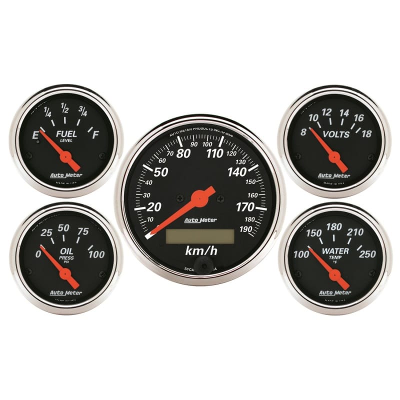 AutoMeter — Autometer Designer Black 5 Pc Kit w/ Elec KMH Speedo, Oil Press, Water Temp, Volt, Fuel Level
GA KT 5PC E SPD K DB
