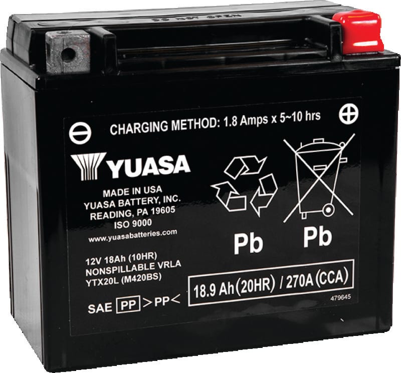 Yuasa Battery — YTX20L Battery, 6-7/8" L x 3-7/16" W x 6-1/8" H