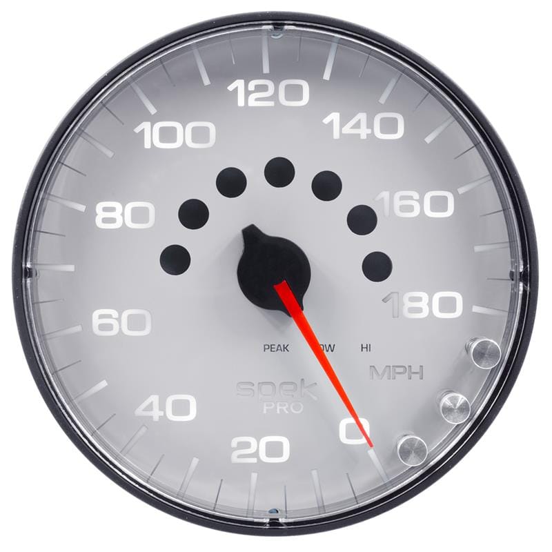 AutoMeter — GAUGE, SPEEDOMETER, 5", 180 MPH, ELEC. PROGRAMMABLE, WHITE/BLACK, SPEK-PRO