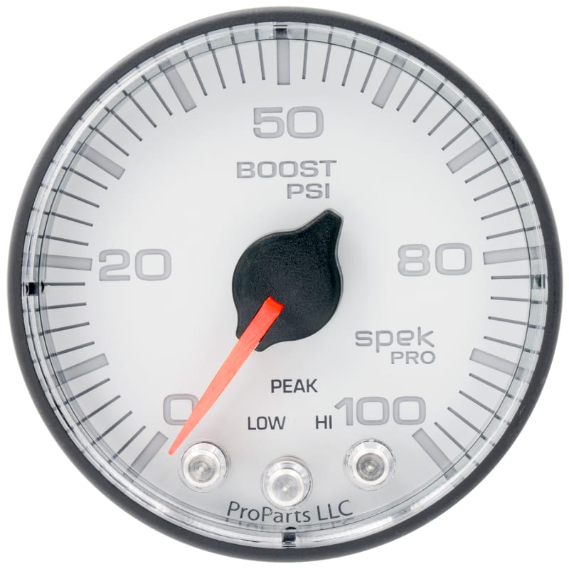 AutoMeter — Autometer Spek-Pro 2 1/16in 100PSI Stepper Motor W/Peak & Warn White/Black Boost Gauge
GA 2" BST 100 WFB SP