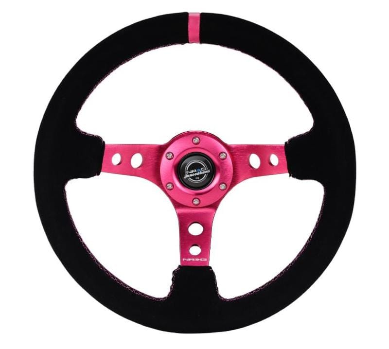 NRG — NRG Reinforced Steering Wheel (350mm/ 3in. Deep) Black Suede/ Fushia Center Mark/ Fushia Stitching