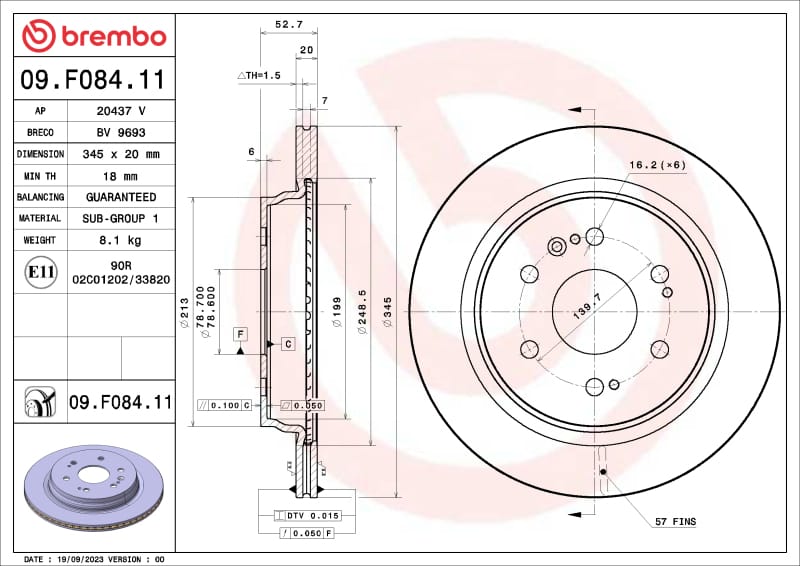 Brembo OE — Brembo OE 21-22 Cadillac Escalade/2022 GMC Sierra 1500/21-22 Yukon UV Coated Brake Disc - Rear