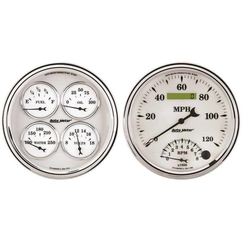 AutoMeter — AutoMeter Gauge Kit 2 Pc. Quad & Tach/Speedo 5in. Old Tyme White II
5" QUAD GAUGE & TACH