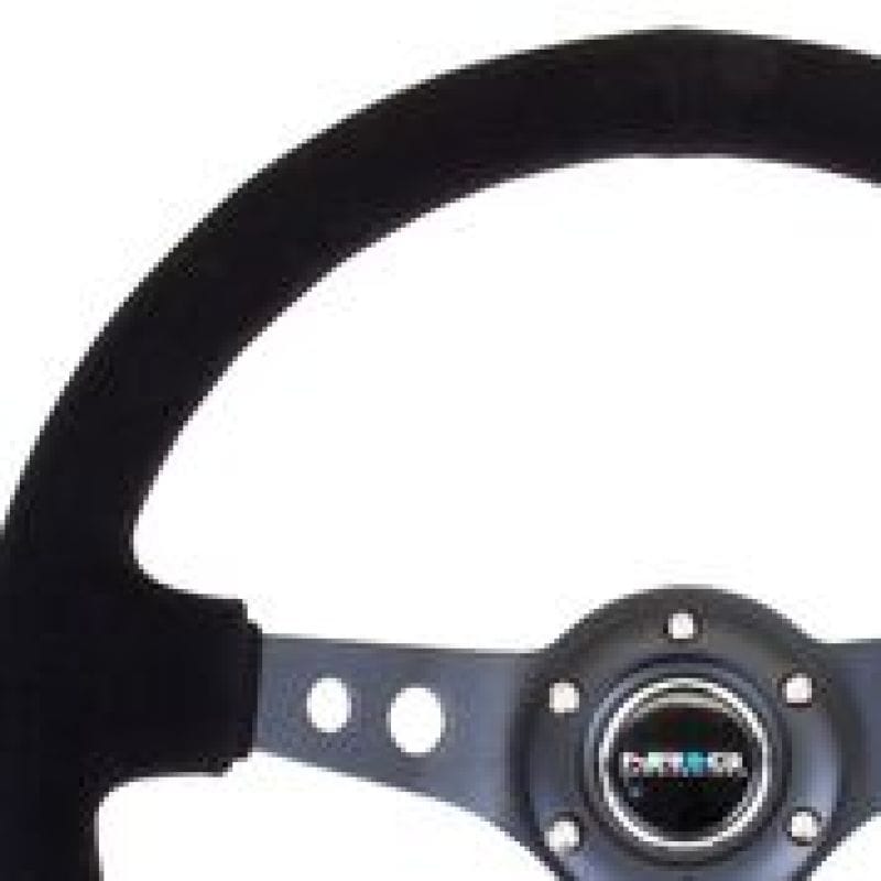 NRG — NRG Reinforced Steering Wheel (350mm / 3in. Deep) Blk Suede/Blk Stitch w/Black Circle Cutout Spokes