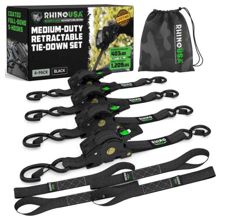 Rhino USA — Rhino USA Retractable Ratchet Straps (4Pk 1Inx10Ft) (Black)