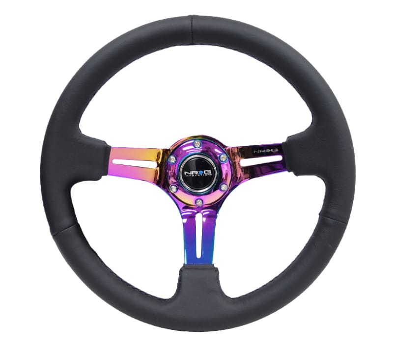 NRG — NRG Reinforced Steering Wheel (350mm / 3in. Deep) Blk Leather/Blk Stitch w/Neochrome Slits