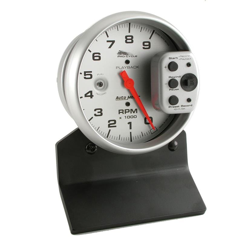 AutoMeter — GAUGE, TACH, 5", 9K RPM, PEDESTAL W/ RPM PLAYBACK, SILVER, PRO-CYCLE