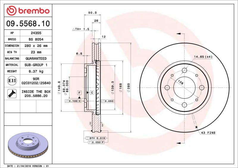 Brembo OE — Brembo 1993 Volvo 850 Front Premium OE Equivalent Rotor