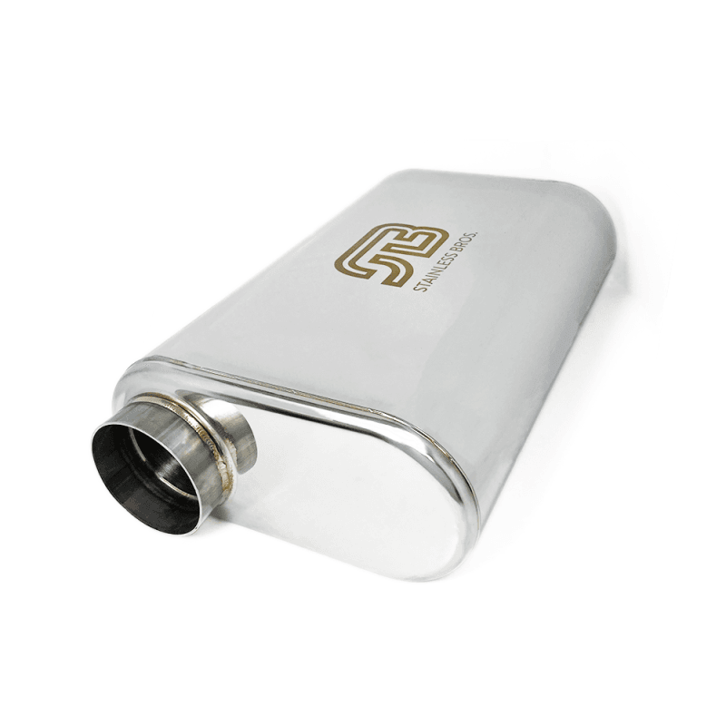 Stainless Bros — Stainless Bros 2.5in x 17in OAL SS304 Thin Oval Muffler (2.5in Offset In / 2.5in Offset Out)
