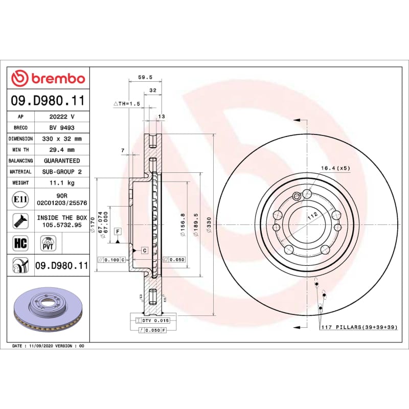 Brembo OE — Brembo OE 20-23 Mercedes-Benz GLE350/20-21 GLE450/GLE580 UV Coated Brake Disc - Front