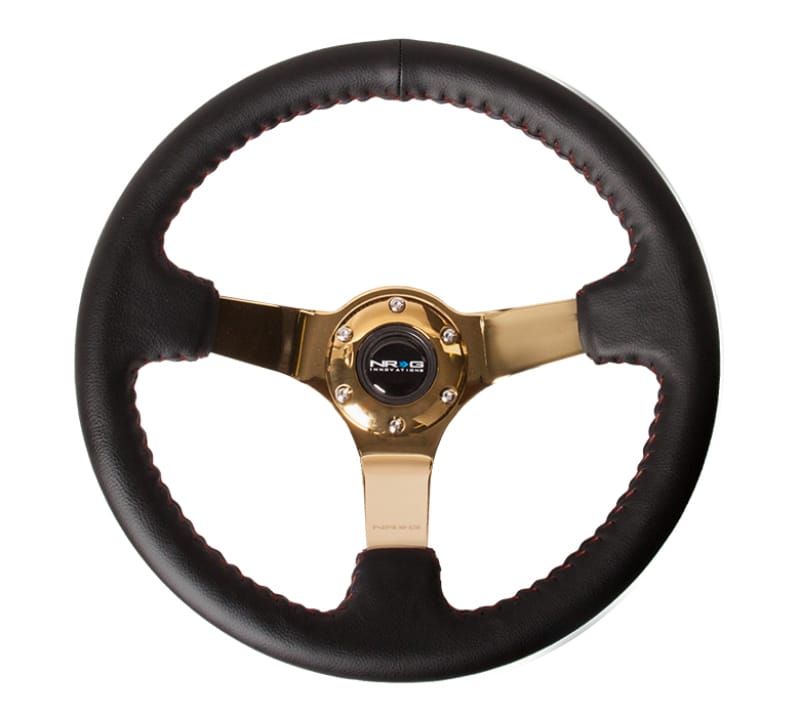 NRG — NRG Reinforced Steering Wheel (350mm / 3in. Deep) Blk Leather/Red BBall Stitch w/4mm Gold Spokes