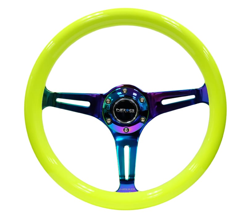 NRG — NRG Classic Wood Grain Steering Wheel (350mm) Neon Yellow Color w/Neochrome Spokes