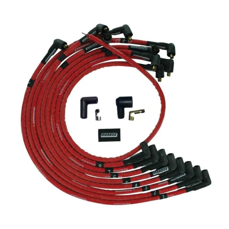 Moroso — Moroso SBC Over Valve Cover 90Deg Plug Non-HEI Sleeved Ultra Spark Plug Wire Set - Red