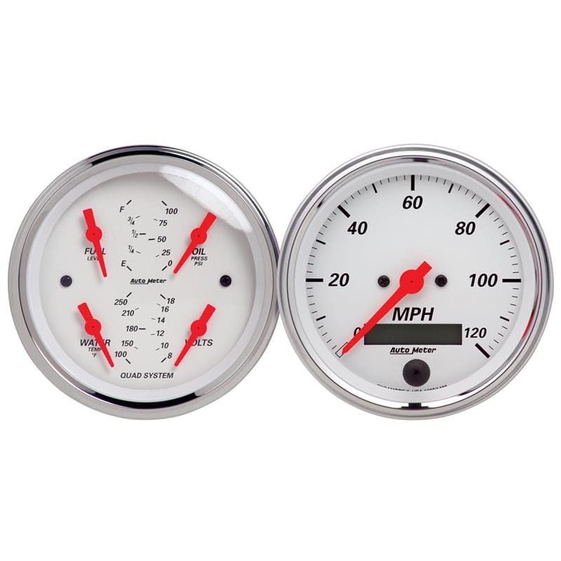 AutoMeter — GAUGE KIT, 2 PC., QUAD & SPEEDOMETER, 3 3/8", ARCTIC WHITE