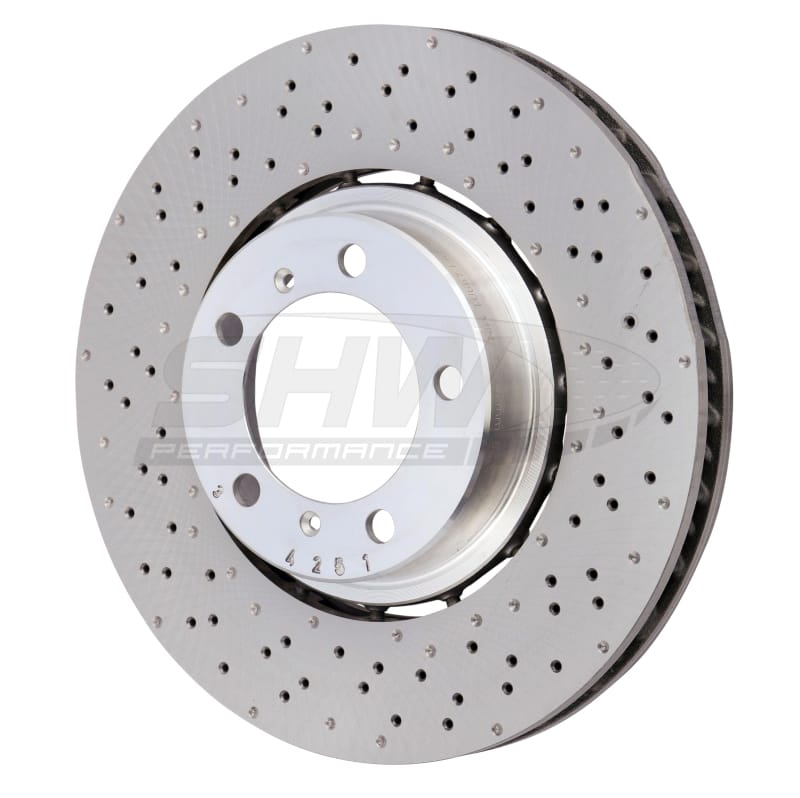 SHW Performance — SHW 18-19 Porsche 911 Carrera 4 GTS w/o Ceramic Brake Left Frt Drill-Dimp LW Brake Rotor (9P1615301)