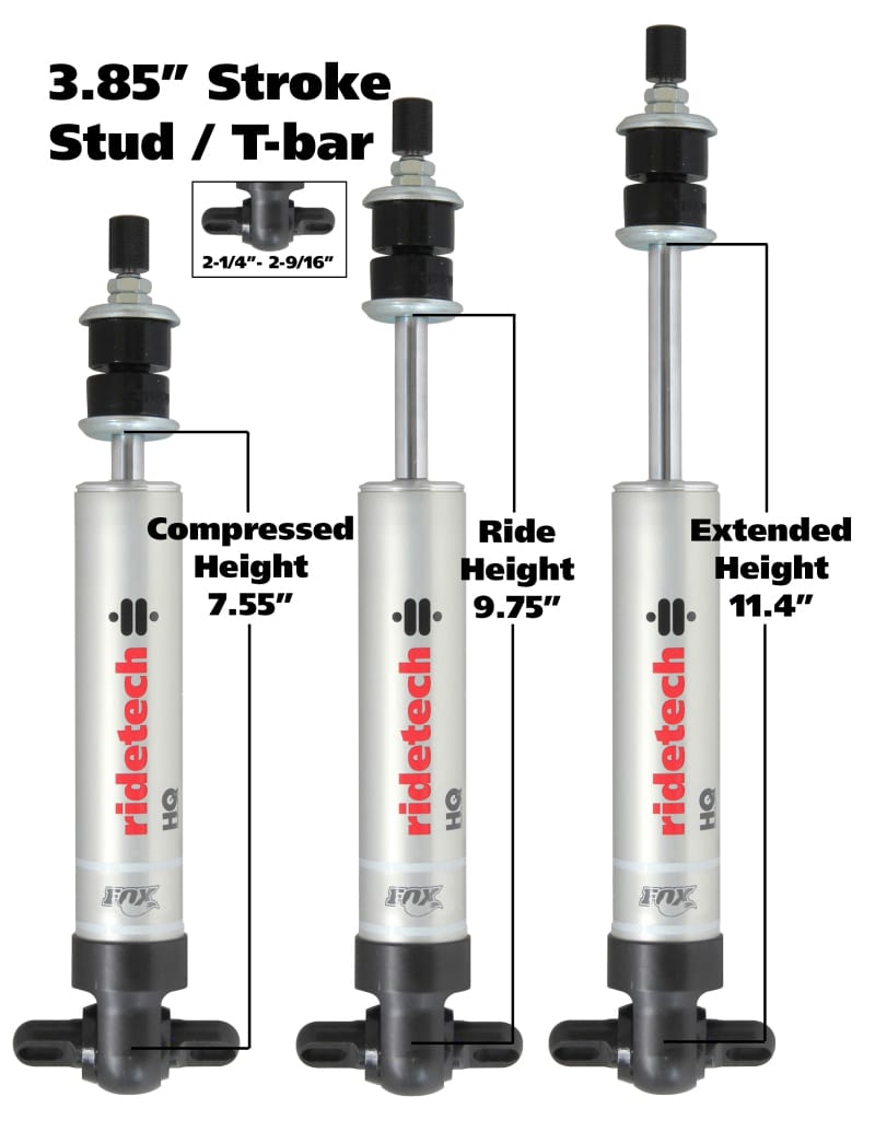 Ridetech — Ridetech HQ Series Shock Absorber Fixed Valve 3.85 Stroke Narrow T-bar/Stud Mounting 7.55in x 11.4in
HQ Shock 3.85" N Tba
