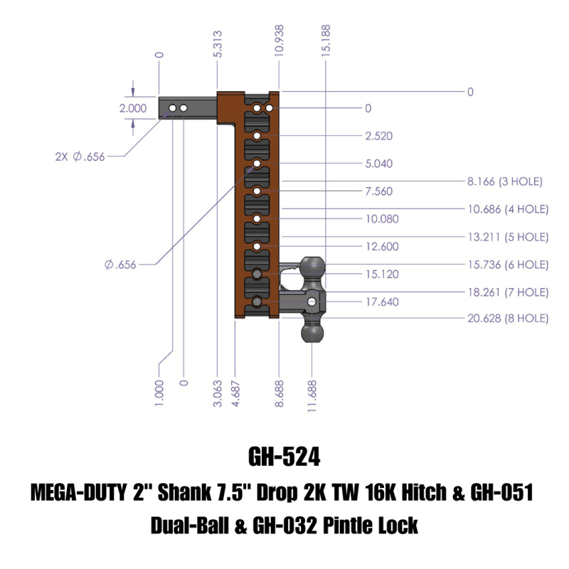 GEN-Y Hitch — Gen-Y Mega Duty 2in Shank 7.5in Drop 2K TW 16K Hitch w/GH-051 Dual-Ball/GH-032 Pintle Lock
Drop Hitch