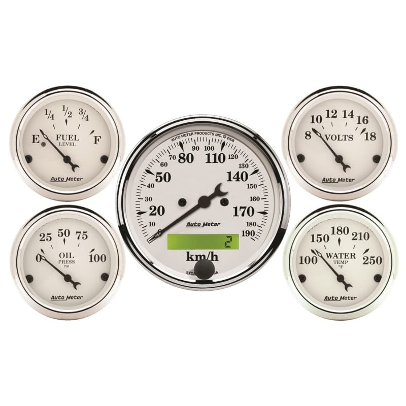 AutoMeter — Autometer Old Tyme White 5 Pc Kit-Elec Speed(Km/H)/Elec Oil Press/Water Temp/Volt/Fuel Level
OLD TYME WHITE 5 PC.