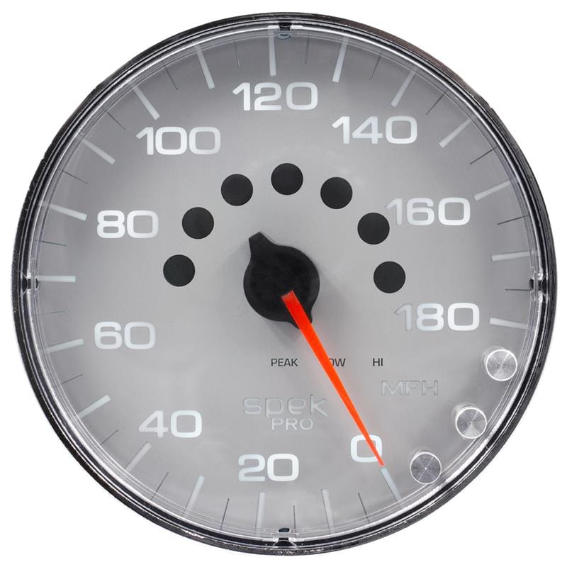 AutoMeter — GAUGE, SPEEDOMETER, 5", 180 MPH, ELEC. PROGRAMMABLE, SILVER/CHROME, SPEK-PRO
