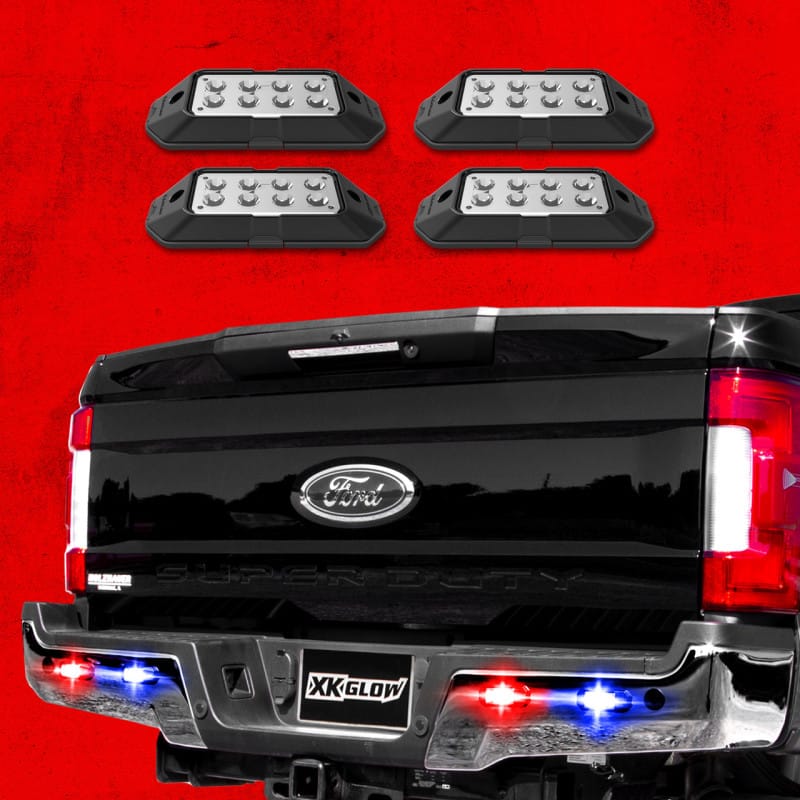 XKGLOW — XK Glow Strobe Pod Lights w/ Traffic Modes Ultra LEDs Multiple Modes + Solid On - Red + Blue 4pc