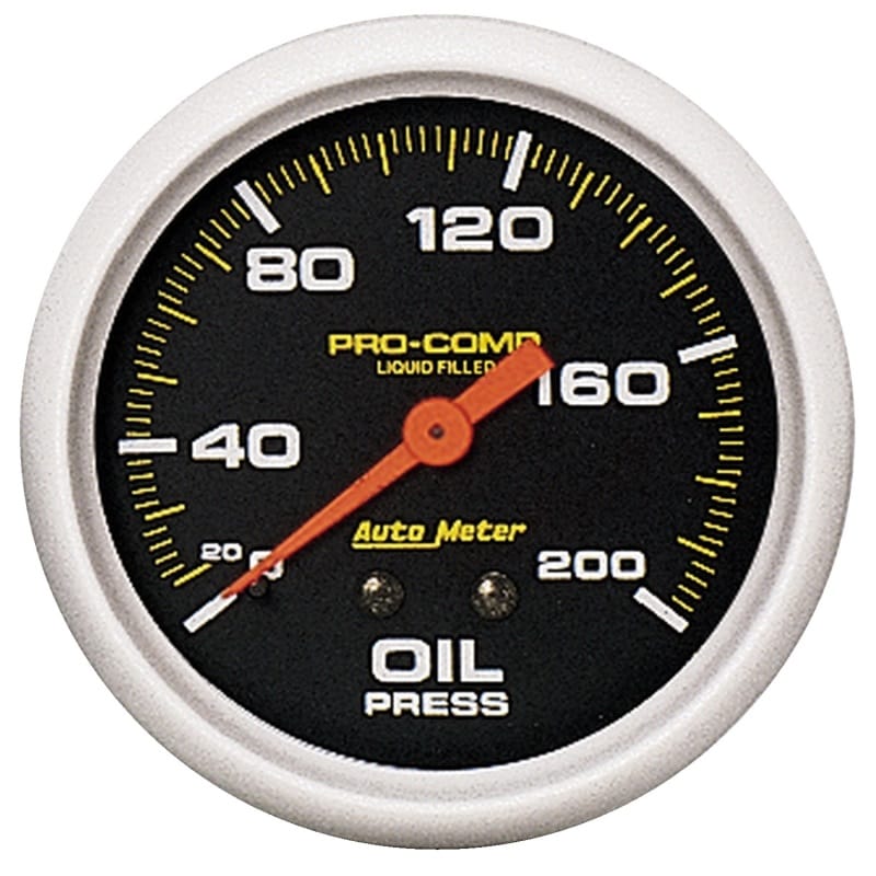 AutoMeter — AutoMeter Gauge Oil Press 2-5/8in. 200PSI Liquid Filled Mech Pro-Comp
2-5/8" OIL PRESS, 0-