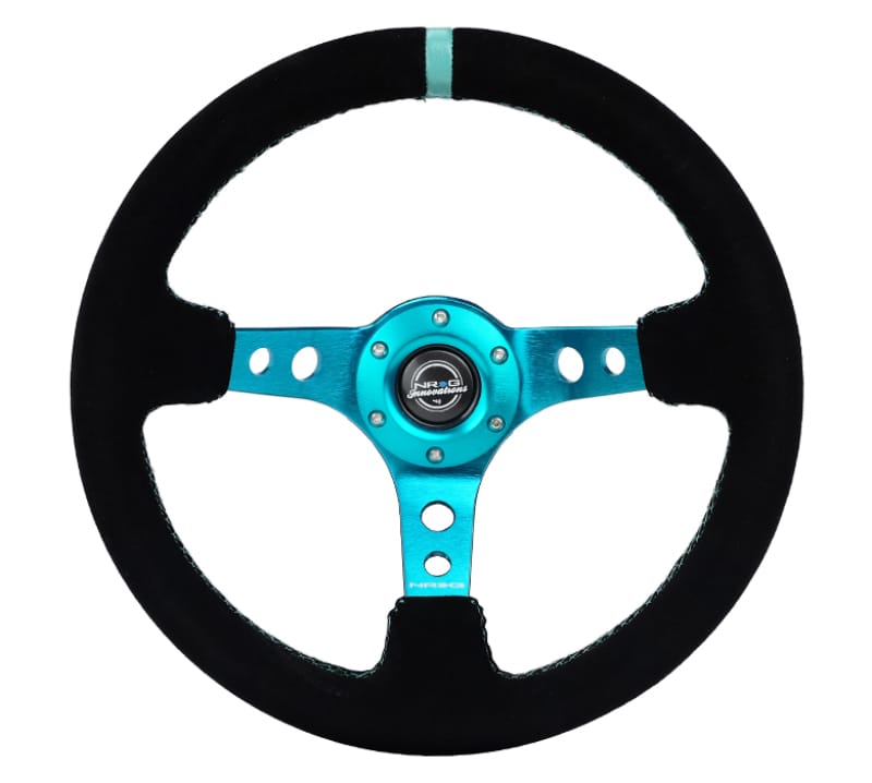 NRG — NRG Reinforced Steering Wheel (350mm/ 3in. Deep) Black Suede/ Teal Center Mark/ Teal Stitching