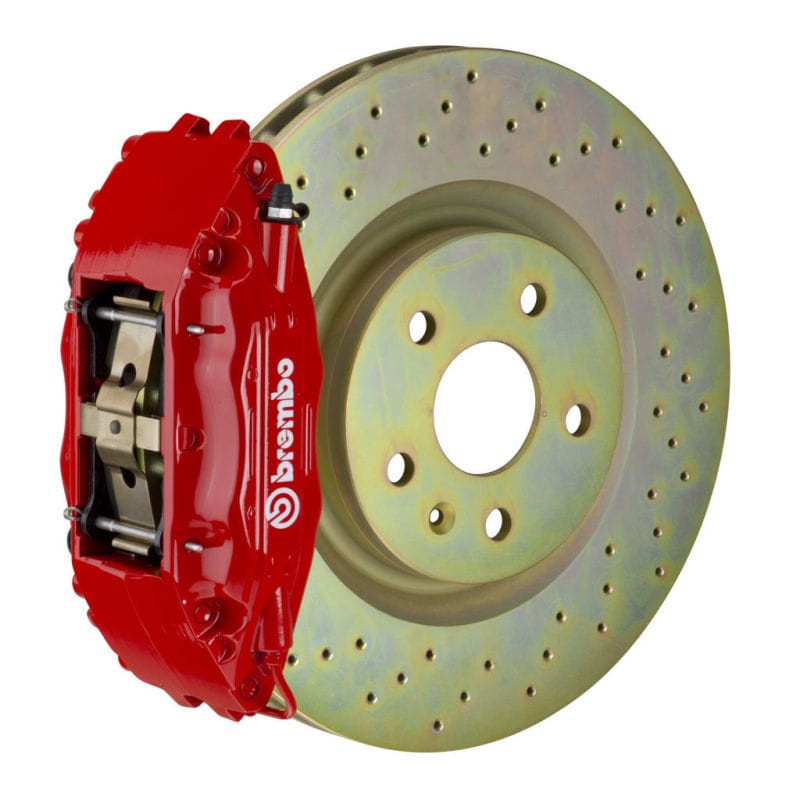 Brembo — Brembo 05-14 Mustang GT Excl non-ABS Equipped Fr GT BBK 4Pist Cast 2pc 355x32 1pc Rtr Drill-Red