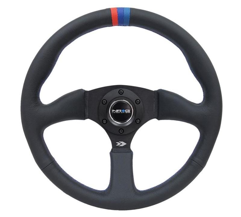 NRG — NRG Reinforced Steering Wheel (350mm / 2.5in Deep) Blk Leather w/M3 stitch Matte Blk 3-Spoke Center