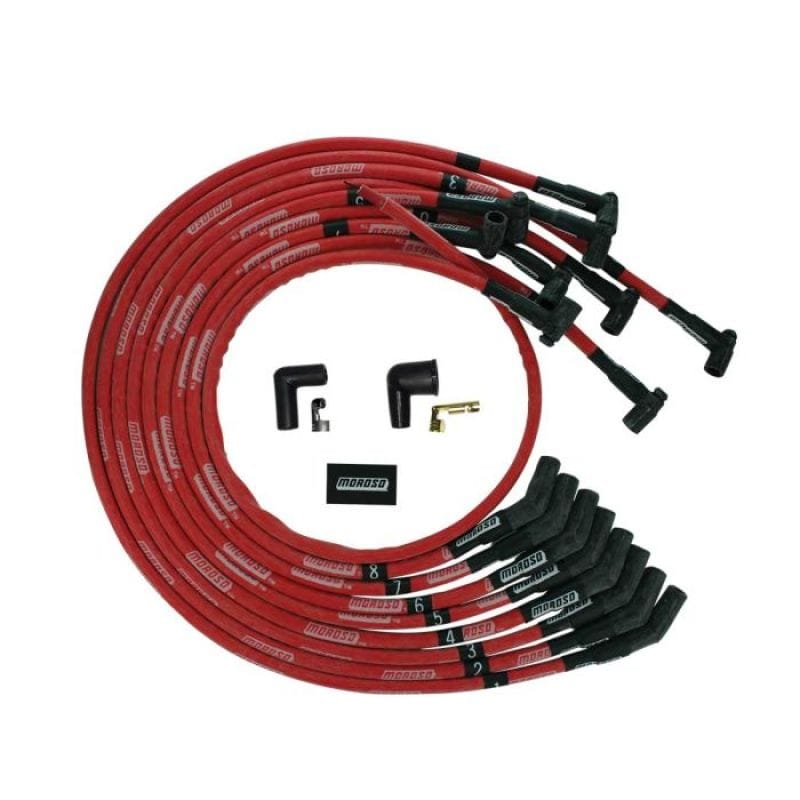 Moroso — Moroso BBC Under Header 135 Deg Plug Boot HEI Sleeved Ultra Spark Plug Wire Set - Red