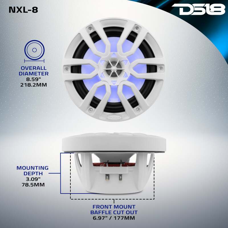 DS18 — DS18 NXL Series Coaxial Marine Speaker w/ RGB Lights 8in 2-Way 125 Watts RMS 4 ohm White