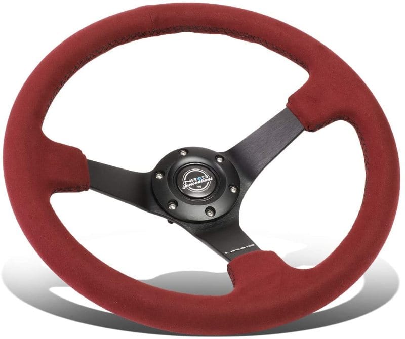 NRG — NRG Reinforced Steering Wheel (350mm/ 3in. Deep) Black Spoke/ Burgundy Alcantara w/ Black Stitch