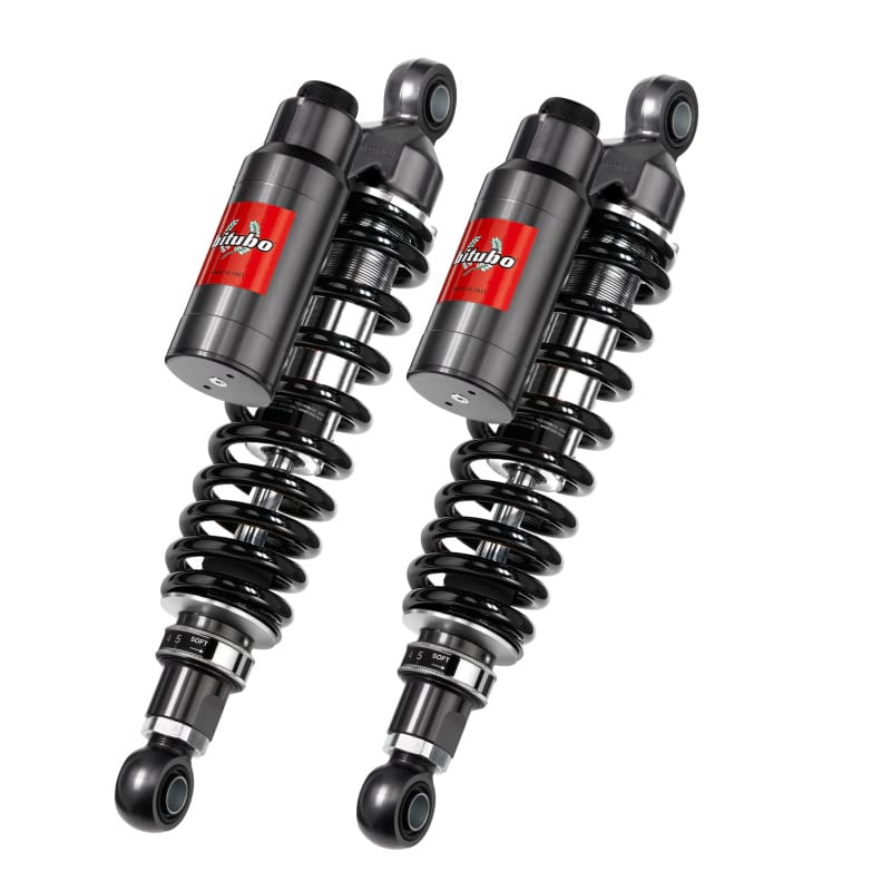 Bitubo Suspension — Bitubo WMT7 Twinshocks Adj.: Spring Preload, Reb., Comp., Length 355mm, Piggyback Tank,Dark Edition