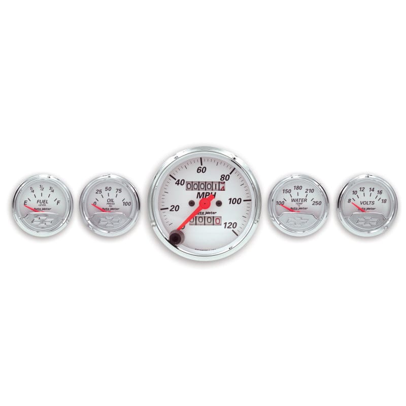 AutoMeter — Autometer Arctic White GM 5 Pc Kit Box w/ Mech Speedo, Elec Oil Press, Water Temp, Volt, Fuel Level
GA SET 5PC M SPD CV