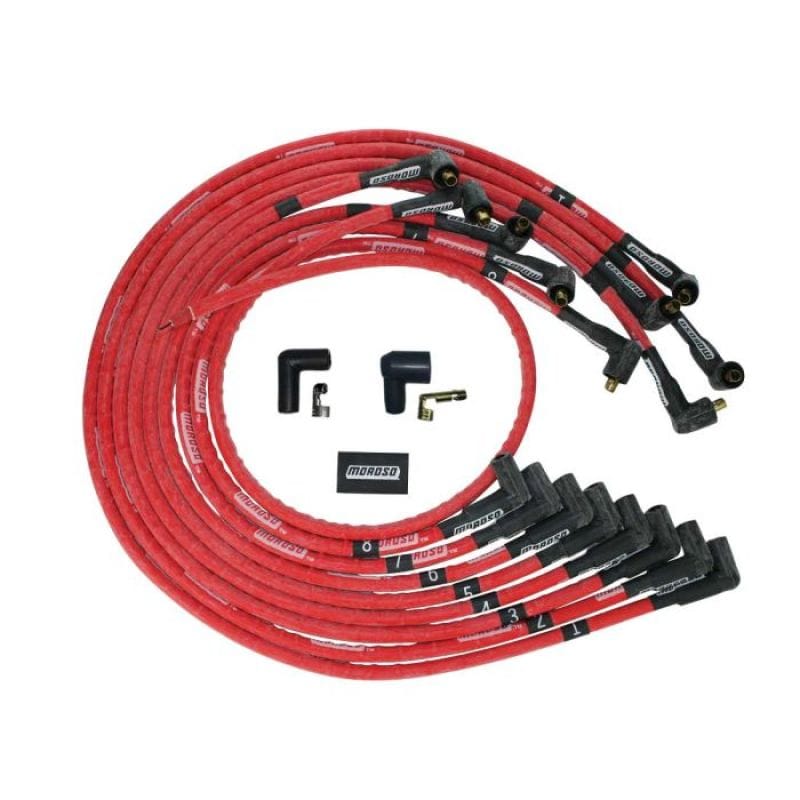 Moroso — Moroso SBC Under Header 90 Deg Plug Non-HEI Sleeved Ultra Spark Plug Wire Set - Red