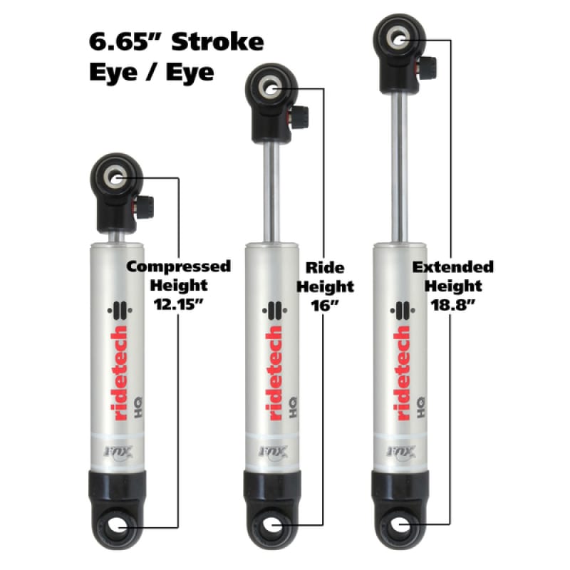 Ridetech — Ridetech HQ Series Shock Absorber Single Adjustable 6.65in Stroke Eye/Eye Mounting 12.15in x 18.8in
HQ Shock 6.65" Eye/E