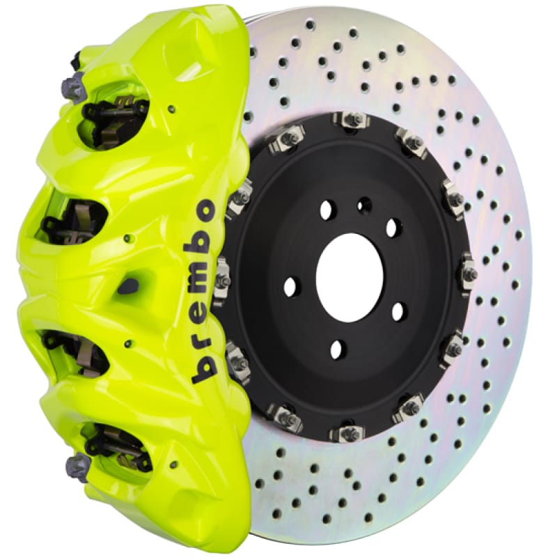 Brembo — Brembo 15-18 M3 (CC Brake Equipped) Fr GT BBK 6 Pist Cast 380x34 2pc Rotor Drilled- Fluo. Yellow