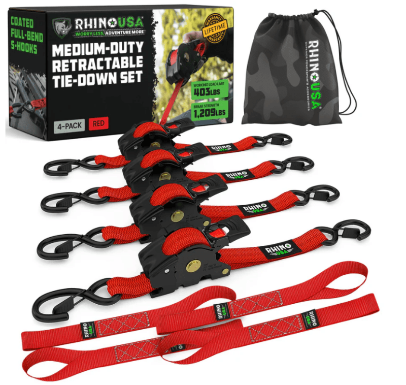 Rhino USA — Rhino USA Retractable Ratchet Straps (4Pk 1Inx10Ft) (Red)