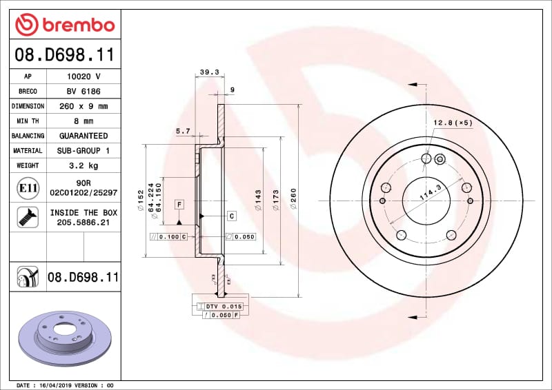Brembo OE — Brembo OE 16-24 Honda Civic/19-22 Insight UV Coated Brake Disc - Rear