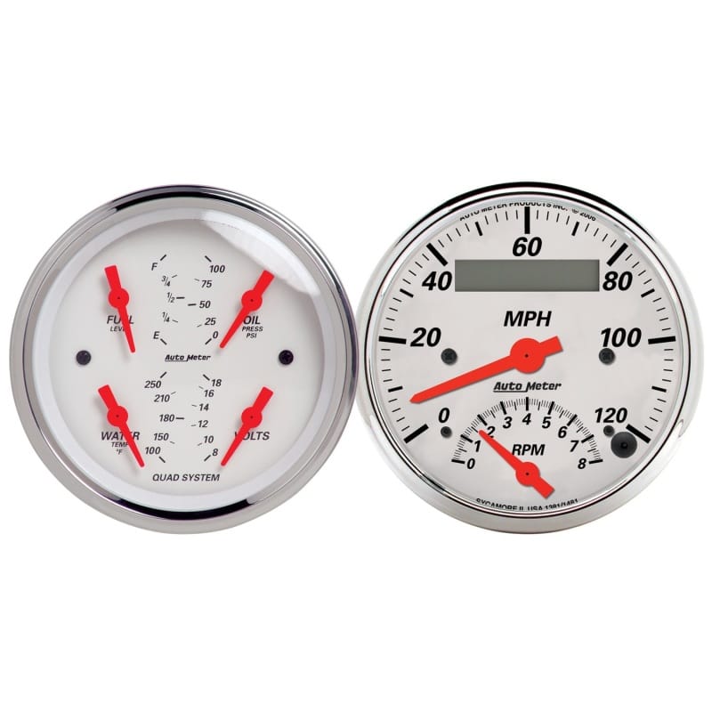 AutoMeter — Autometer Arctic White 3-3/8 Quad Gauge and Tach/Speedo Combo
GA KT QD RPM/SP AW
