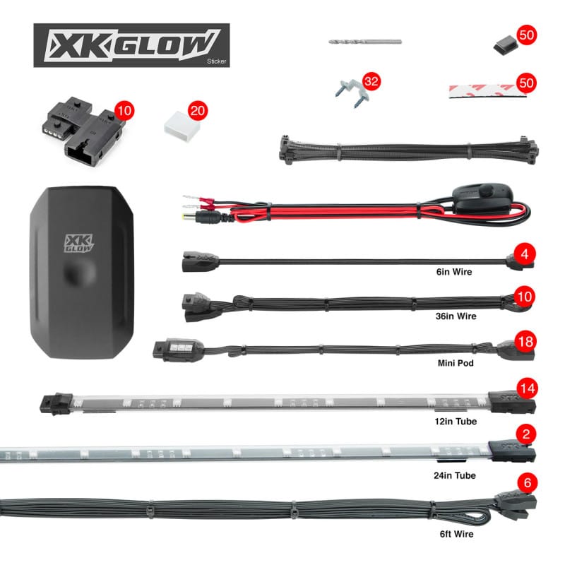 XKGLOW — XK Glow Tube + 18xPods Million Color XKCHROME App Controlled Offroad UTV Kit 2x24In Tube + 14x12In