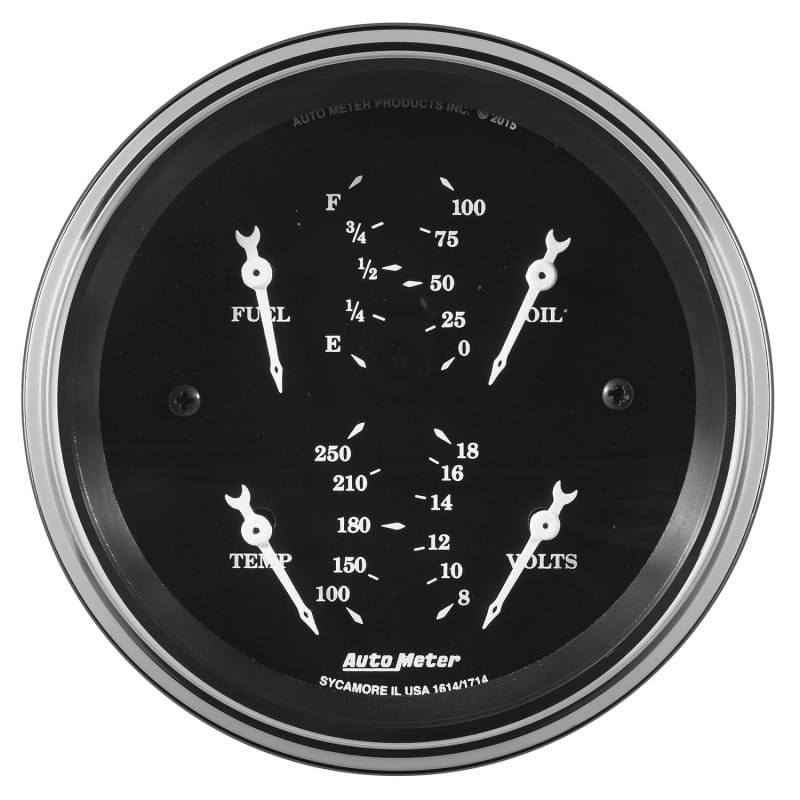 AutoMeter — Auto Meter Gauge Dual Fuel & OILP 3 3/8in 240E-33F & 100psi Elec Old Tyme Blk
3-3/8" QUAD GAUGE, O