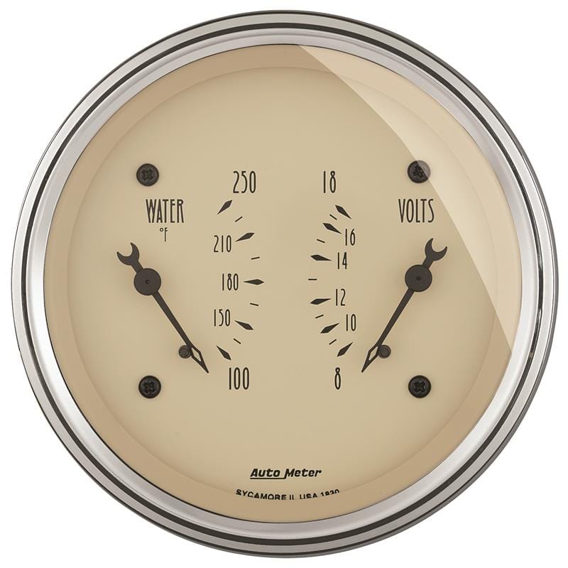 AutoMeter — GAUGE, DUAL, WTMP & VOLT, 3 3/8" , 250 Degrees F & 18V, ELEC, ANTQ BEIGE