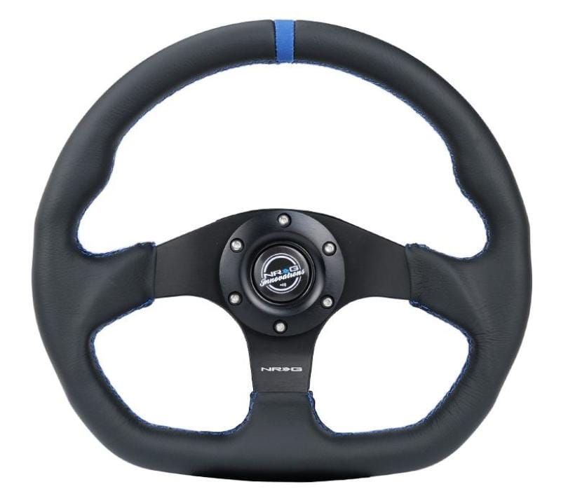 NRG — NRG Reinforced Steering Wheel (320mm) Sport Leather Flat Bottom w/ Blue Center/ Blue Stitching