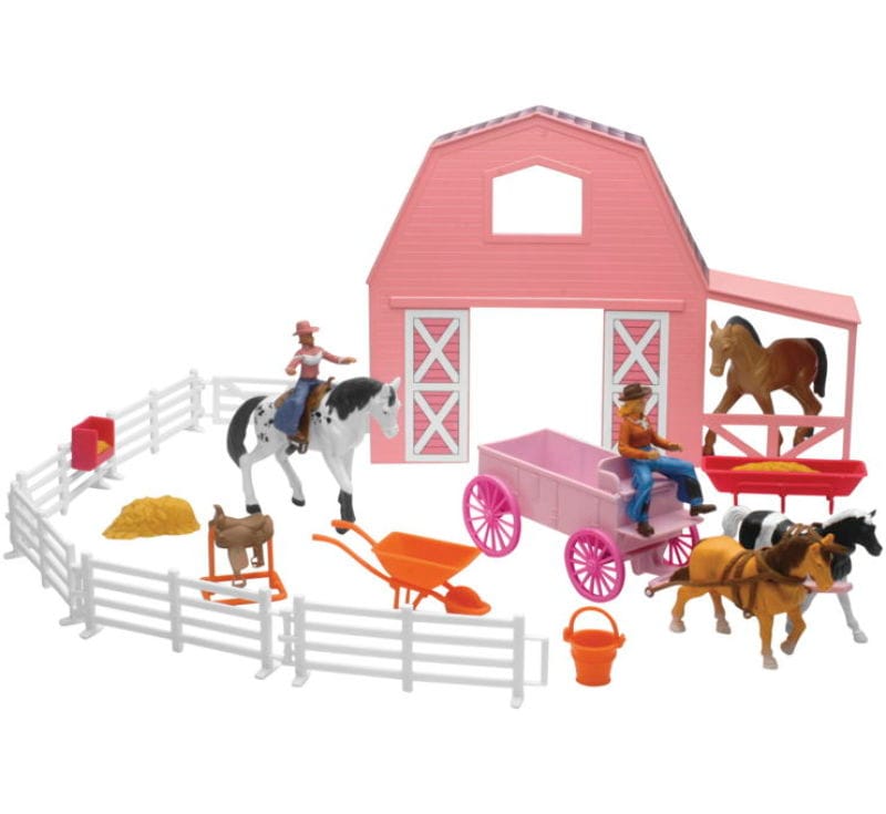 New Ray Toys — New Ray Toys Valley Ranch Set with Pink Barn, Horses, Cowgirls and Fences/ Scale 1:32