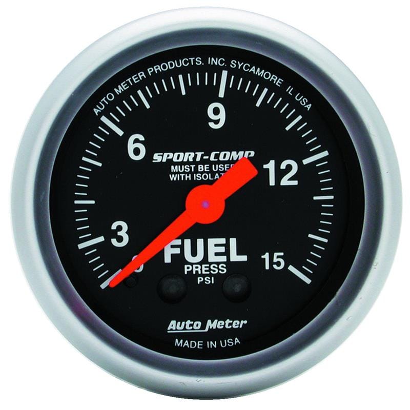 AutoMeter — GAUGE, FUEL PRESSURE, 2 1/16" , 15PSI, MECHANICAL W/ISOLATOR, SPORT-COMP