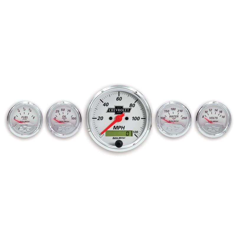 AutoMeter — Autometer Arctic White GM 5 Pc Kit Box w/ Elec Speedo, Elec Oil Press, Water Temp, Volt, Fuel Level
GA SET 5PC E SPD CV